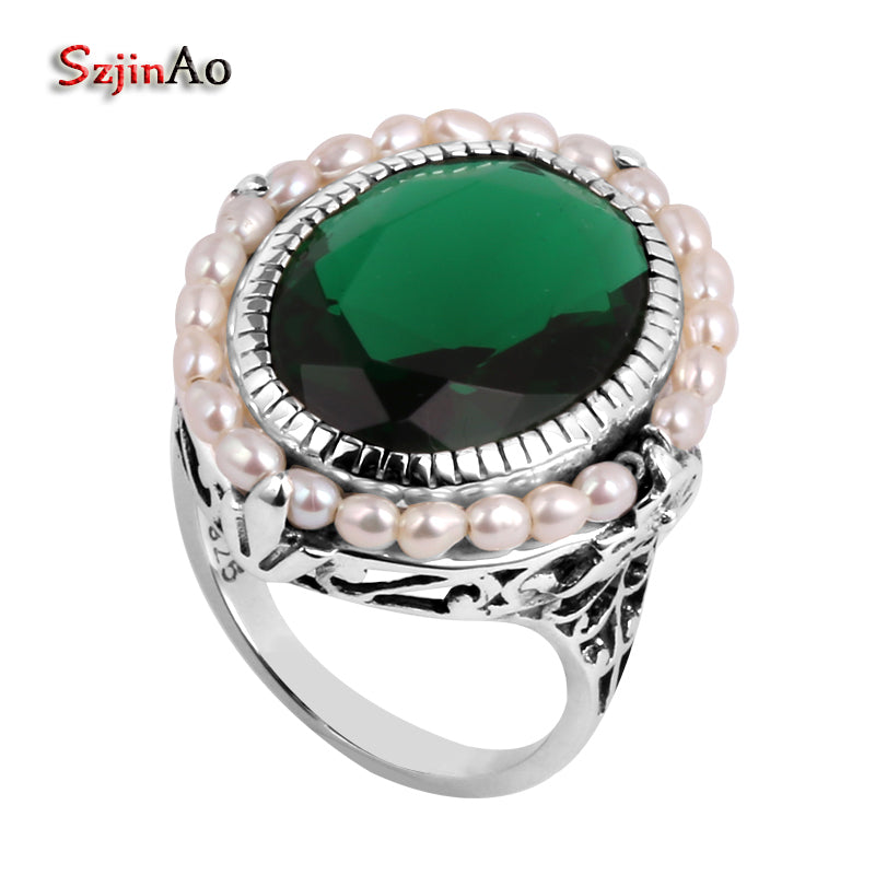 Wholesale Fashion Victorian Decorative Arts 100% Natural Pearl + Emerald Women 925 Sterling Silver Ring
