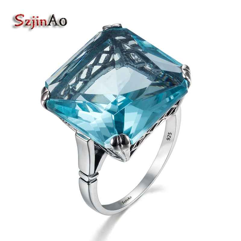Wholesale High quality Jewelry Vintage Solid 925 Sterling Silver Rings for Women Square Blue Big Aquamarine gift