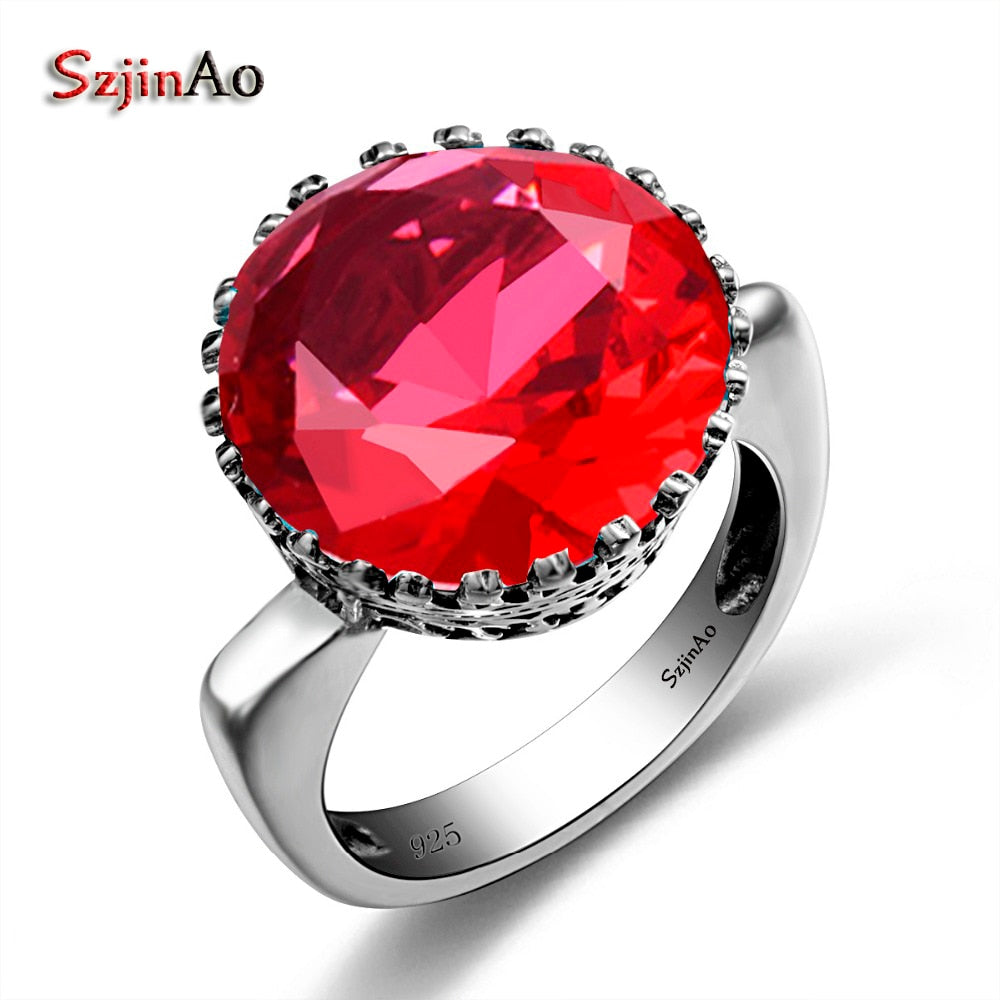 Wholesale Princess Crown Big Rings for Women Round Red RubyWedding Engagement Punk Rock 925 Sterling Silver Jewelry