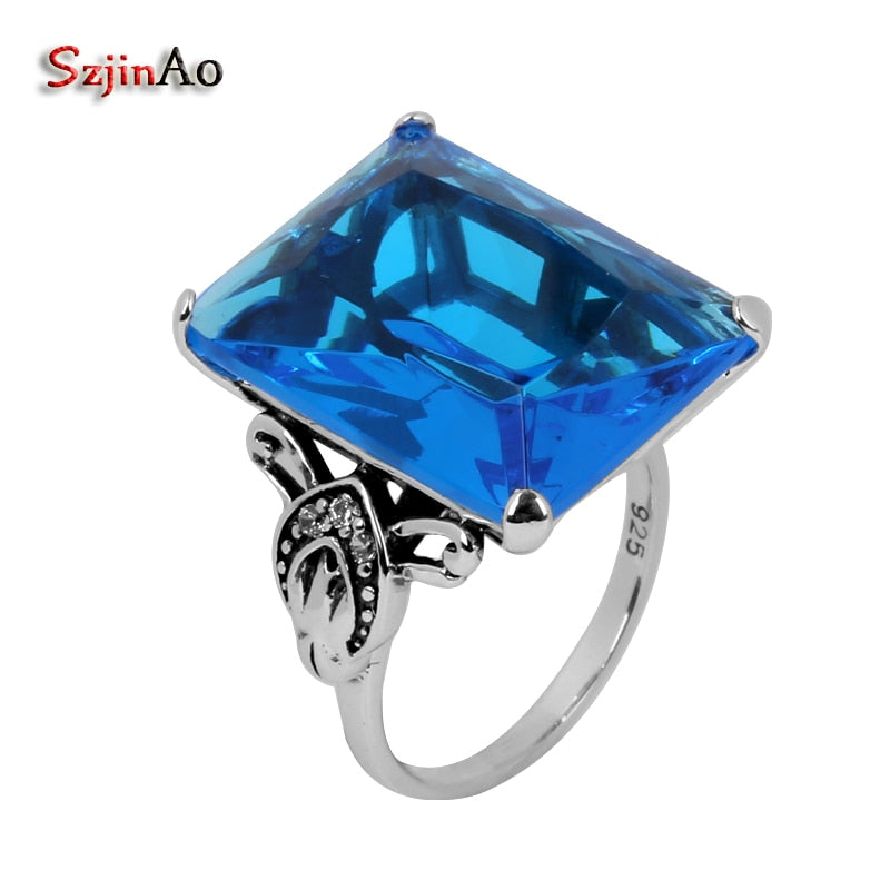 Wholesale Silver Fine Jewelry Carved Antique Jewelry Rectangle Blue Stone Topaz Women 925 Sterling Silver Ring