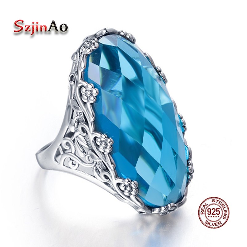 Wholesale Vintage Big Rings For Women 22ct Oval Aquamarien Flower Pattern Solid 925 Sterling Silver Wedding Jewelry