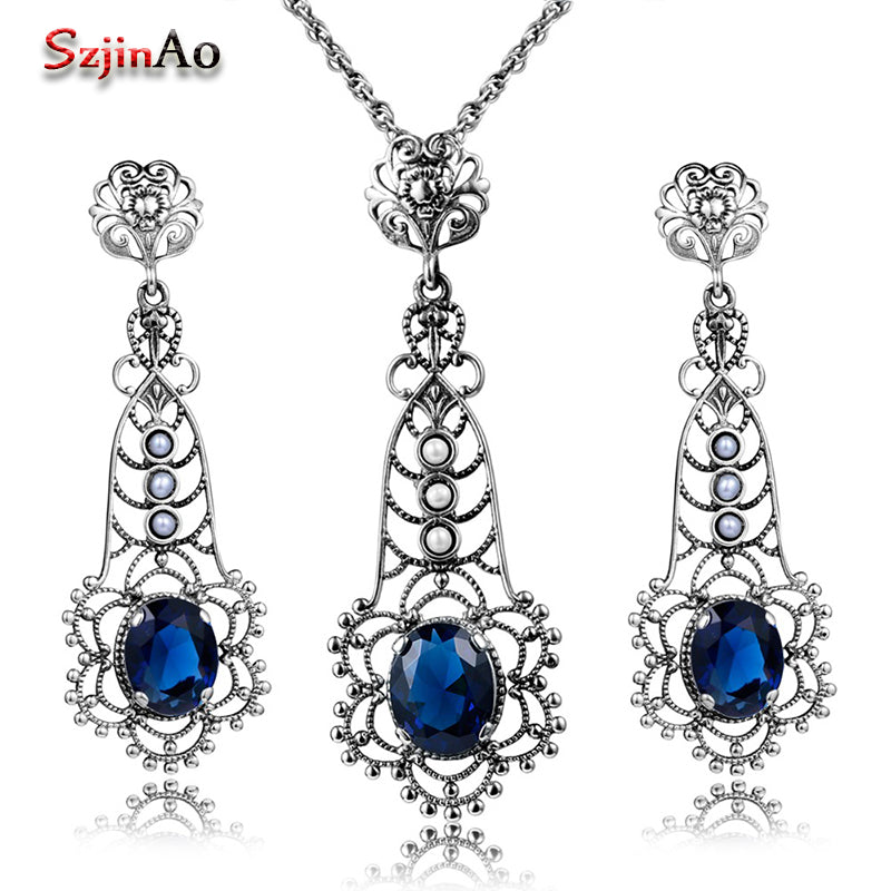 Women 925 Sterling Silver Vintage Jewelry Set Party Pearl Charm Blue Stone Crystal Pendant Earrings Sets body jewelry