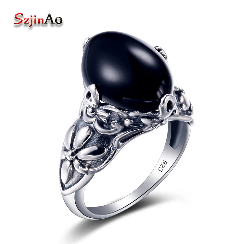 Women Charm Black Agate Ring Viking sterling-silver-jewelry 925 Silver Jewelry bague femme de marque de luxe