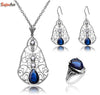 Women Fashion 925 Sterling Silver Turkish Jewelry Vintage Sets With Water Drop Sapphire Jewelry Set For Women
