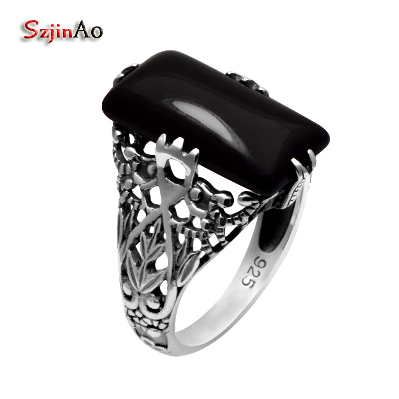 fashion rings for women 2020 antique jewelry replica balck agate 925 sterling silver cocktail ring