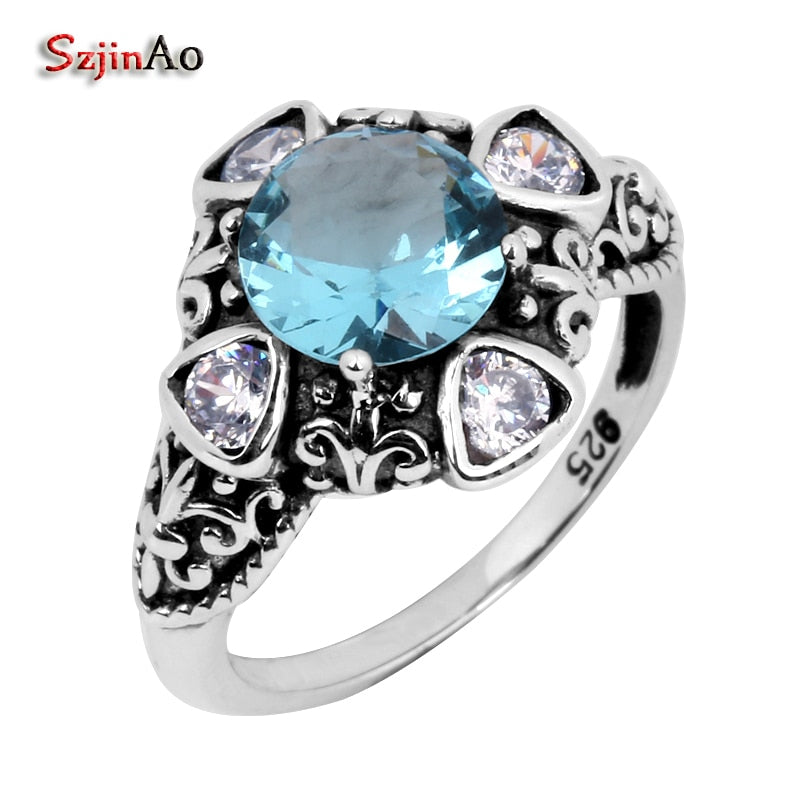processing custom silver carved antique jewelry boutique jewelry Blue Aquamarine women 925 sterling silver ring