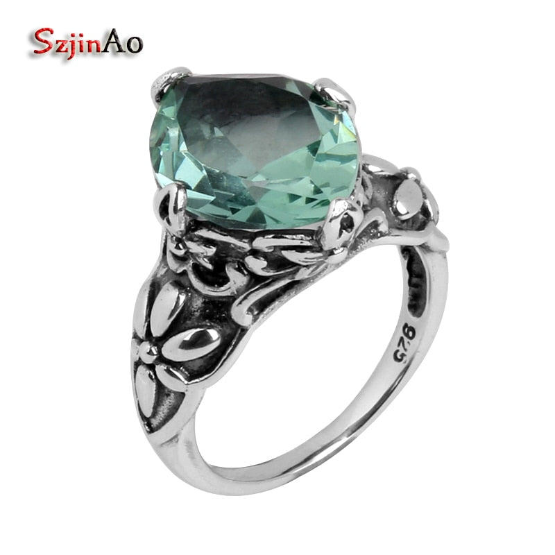 fashion boutique like moonght aquamarine gems carved antique jewelry 925 sterling silver ring women