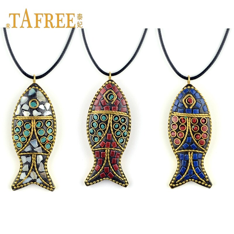TAFREE ethnic style necklace Nepal handmade fish pendant necklace sweater Black cord chain accessories jewelry MOA840