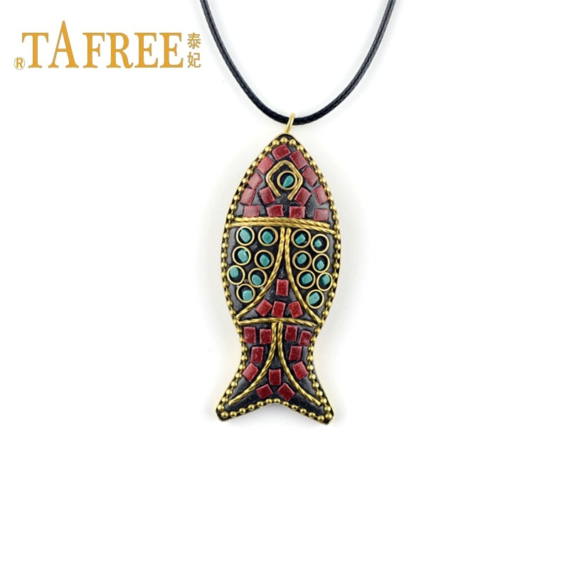 TAFREE ethnic style necklace Nepal handmade fish pendant necklace sweater Black cord chain accessories jewelry MOA840