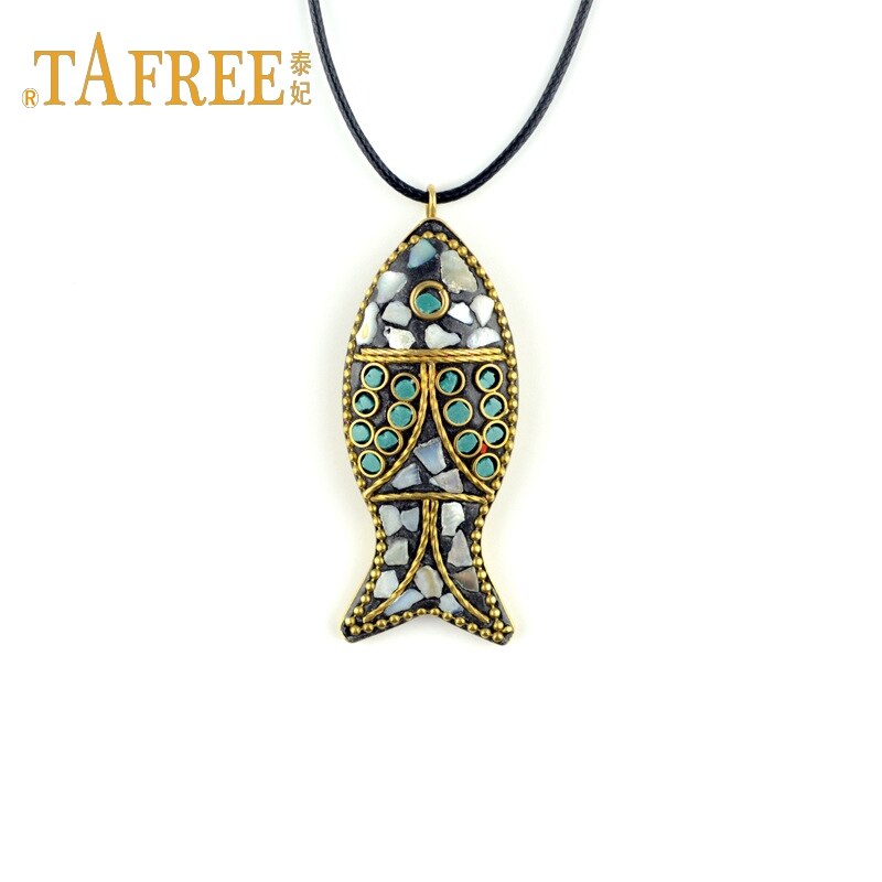 TAFREE ethnic style necklace Nepal handmade fish pendant necklace sweater Black cord chain accessories jewelry MOA840