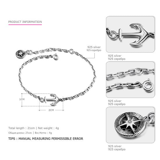 Anchor Bracelets for Women Genuine 925 Sterling Silver Bracelet femme Trendy Punk Style Fashion & Fine Jewelry Charm