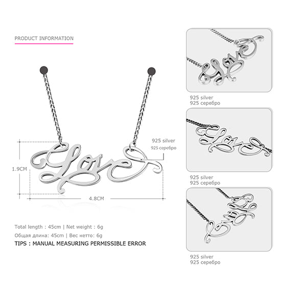 Brand Real 925 Sterling Silver Romantic Necklace for Women Popular LOVE Letter Pendant Necklace True Fine Jewelry