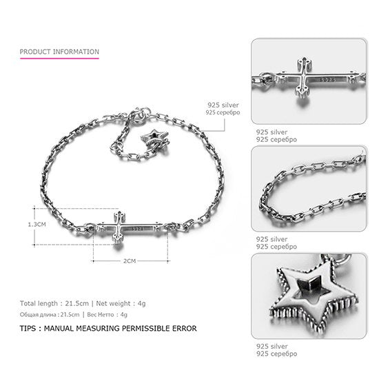 Fashion Punk Style Cross & Star Charms Bracelets for Women Real Sterling Silver Statement Bracelet Fine Jewelry