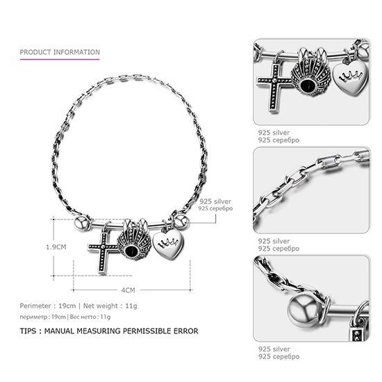 Popular 925 Sterling Silver DIY Bracelets for Women Punk Cross Crown & Heart Charms Love Bangle & Bracelets Fine Jewelry
