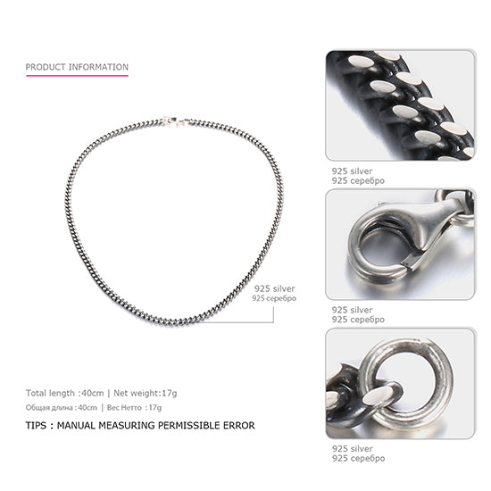 Punk Style Classic Silver Chain Necklace for Women & Men 925 Sterling Silver Choker Necklace Fine Jewelry Around His Neck