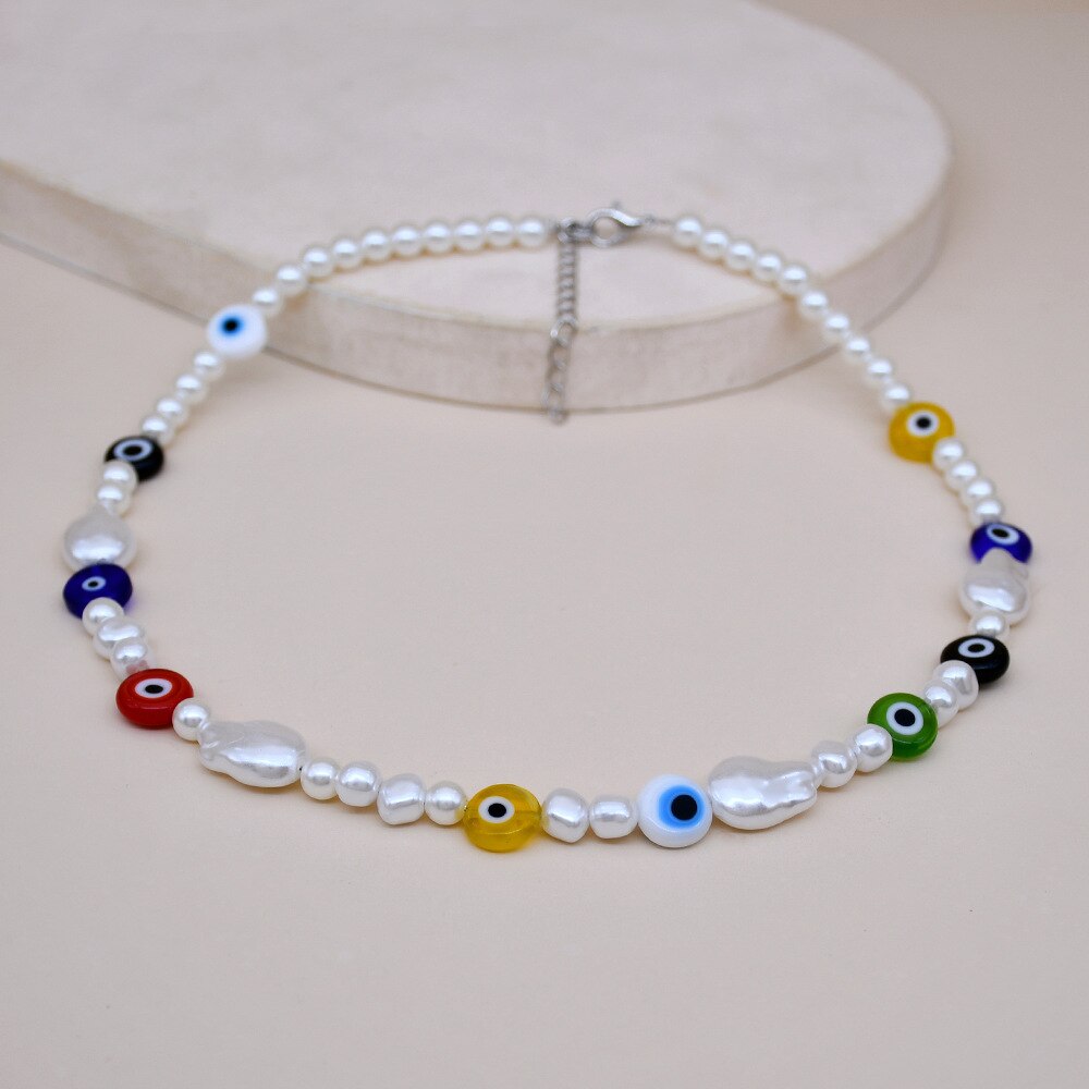 TAUAM Simulated Pearl Turkish Evil Eye Necklaces For Women Bohemian Vintage Choker Beads Party Jewelry New