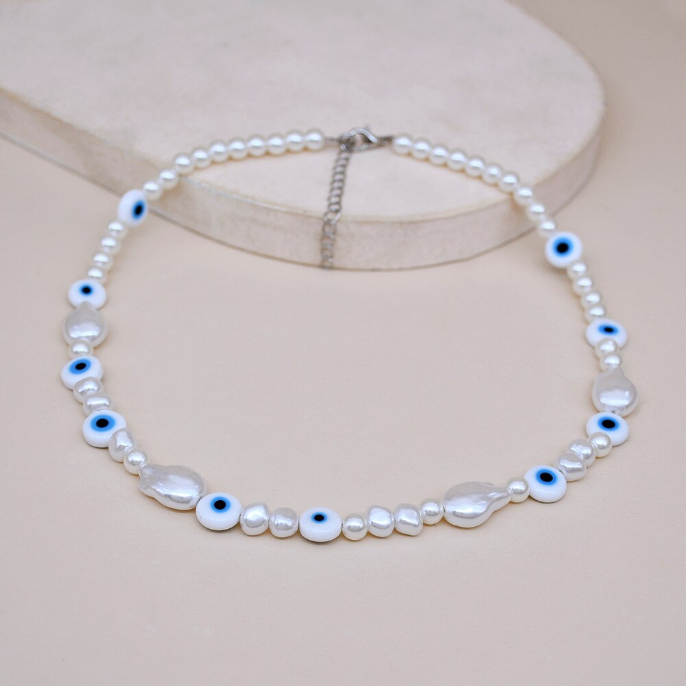 TAUAM Simulated Pearl Turkish Evil Eye Necklaces For Women Bohemian Vintage Choker Beads Party Jewelry New