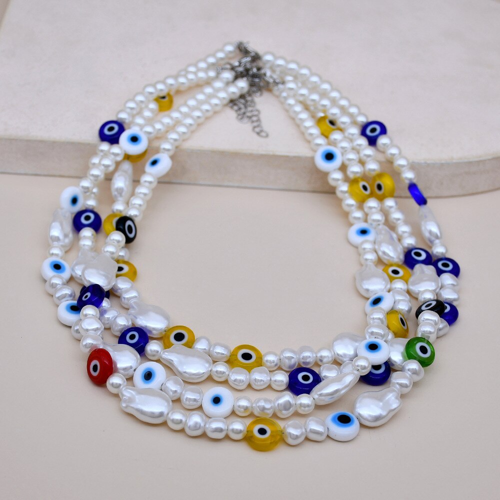 TAUAM Simulated Pearl Turkish Evil Eye Necklaces For Women Bohemian Vintage Choker Beads Party Jewelry New