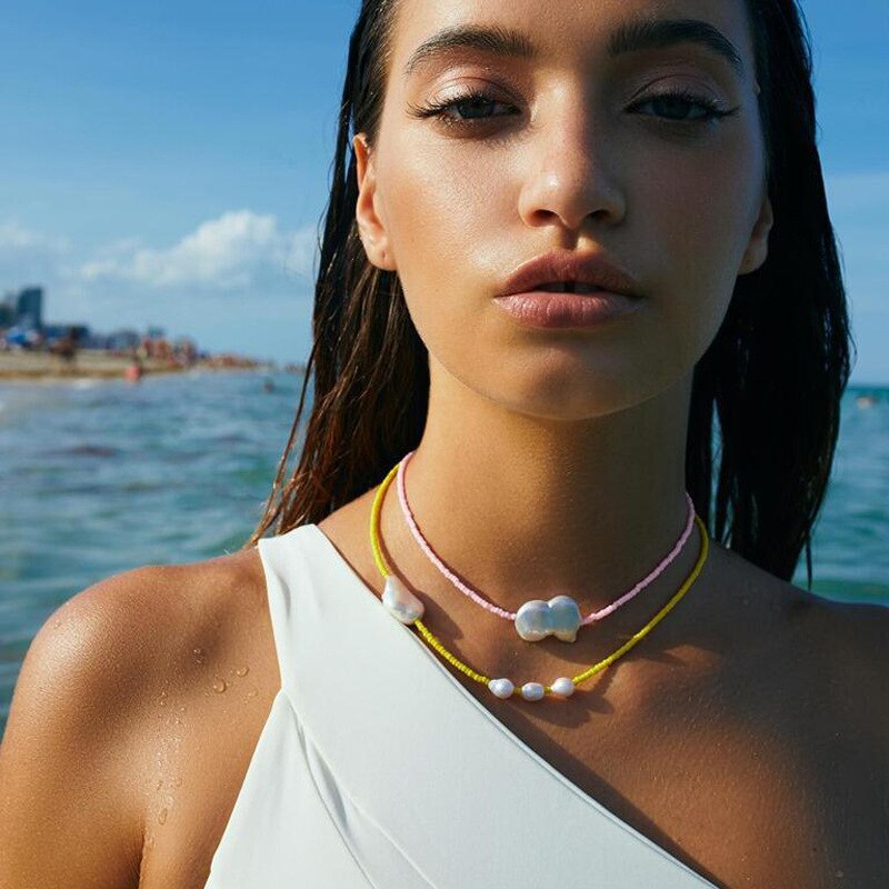 TAUAM Yellow Seed Beads Necklace for Women Choker Simulated Pearl Boho Vintage Streetwear Collier Femme