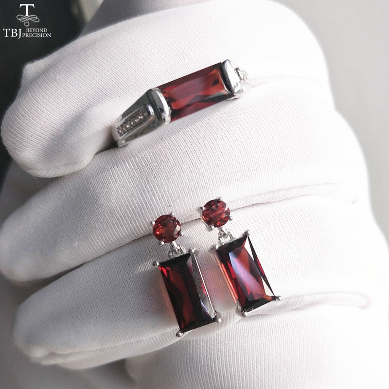 TBJ, 100% Natural Mozambique Red Garnet gemstone Jewelry set Ring and earring in 925 sterling silver for women with gift box