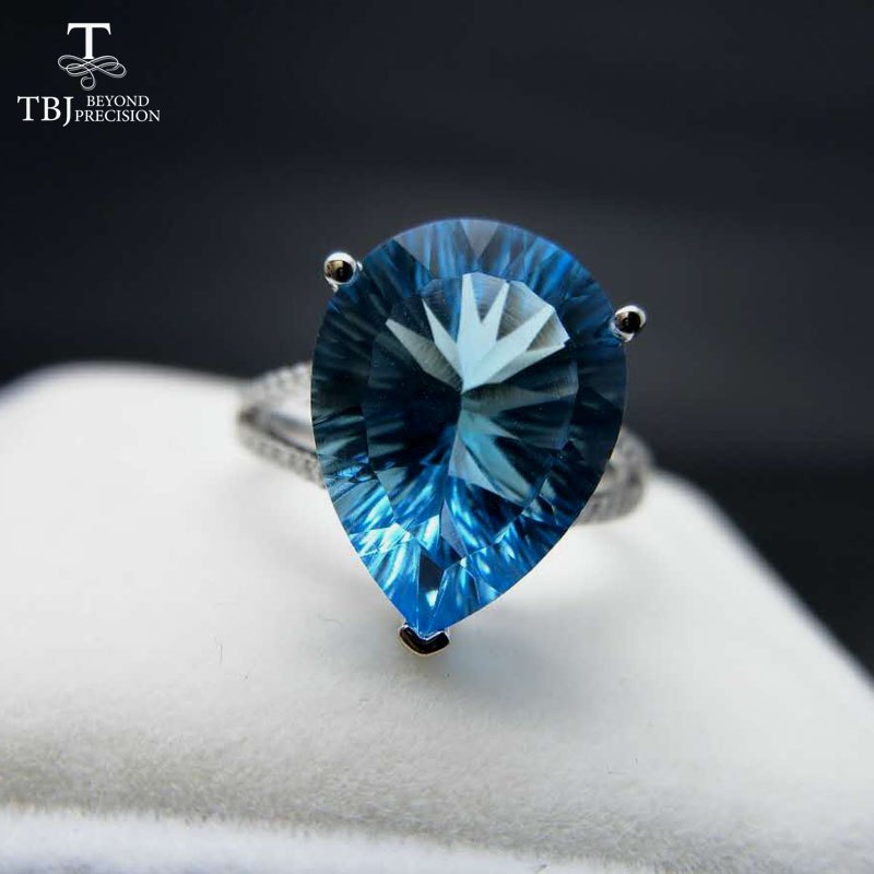 TBJ ,100% natural 10ct blue topaz concave cut pe12*16 gemstone ring in 925 sterling silver jewelry,Big ring for lady with box