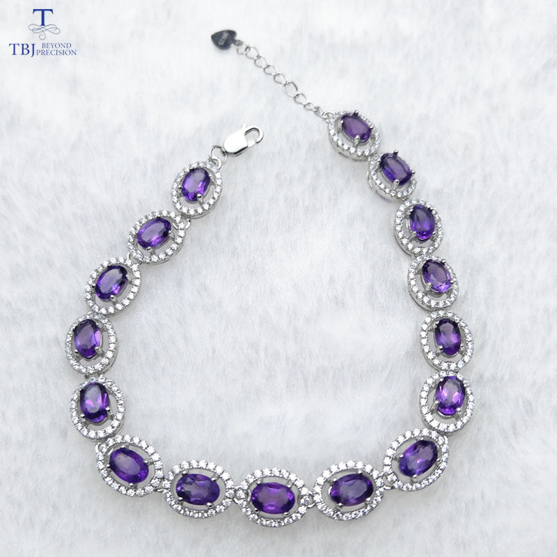 TBJ ,100% natural 16pcs of oval 4*6mm 8 ct amethyst bracelet in 925 silver ,classic design gemstone bracelet with gift box