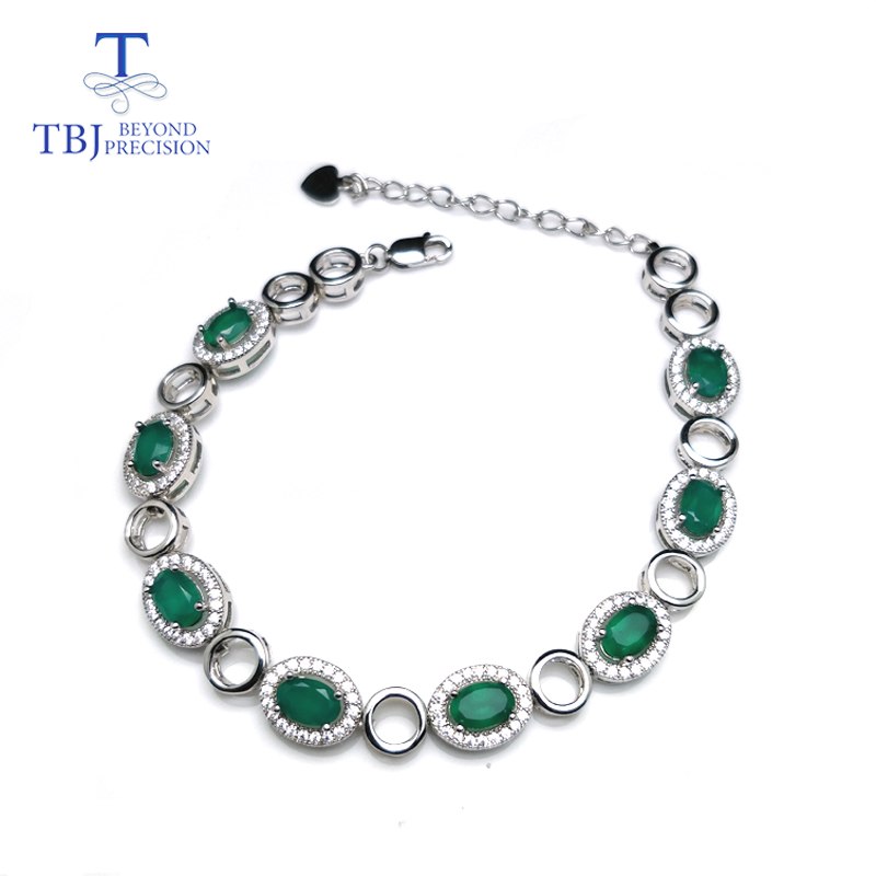 TBJ,100% natural 5ct green agate gemstone classical bracelet with chain in 925 sterling silver jewelry for women with gift box