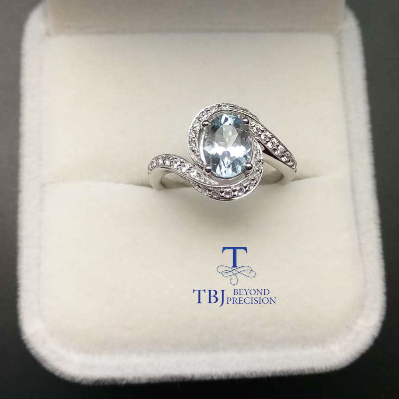 TBJ,100% natural Brazil aquamarine ov6*8 1.3ct gemstone ring in 925 sterling silver precious stone jewelry with gift box