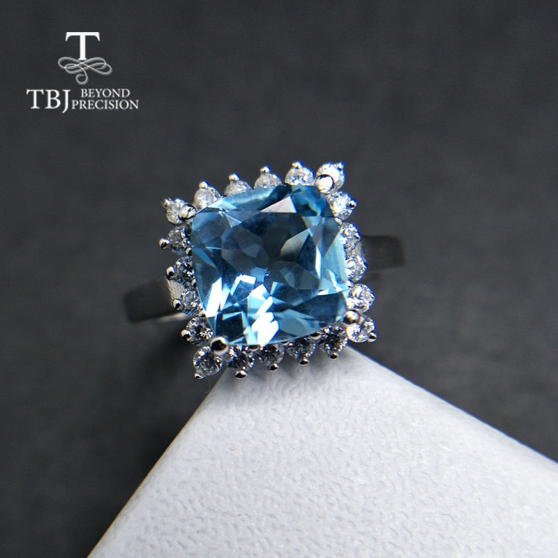 TBJ,100% natural sky blue topaz cushion 9mm 4ct gemstone ring 925 sterling silver fine jewlery for women anniversary party gift