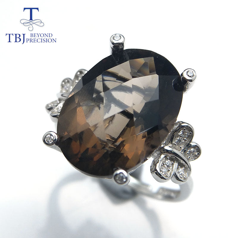 TBJ, 100% natural smoky quartz checkerboard oval 11ct gemstone ring in 925 sterling silver fine jewelry for women with gift box