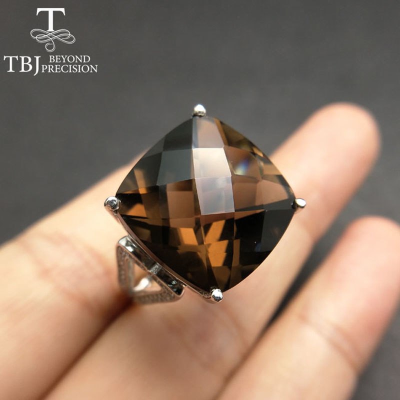 TBJ, 2020 new cocktail ring with natural smoky quartz gemstone ring for women in Party,eyes catching jewelry with gift box