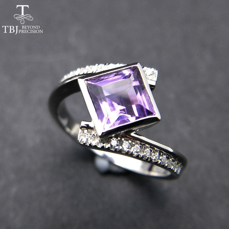 TBJ,2020 new design with natural brazil amethyst square 6mm gemstone Ring in 925 sterling silver jewelry for women with box