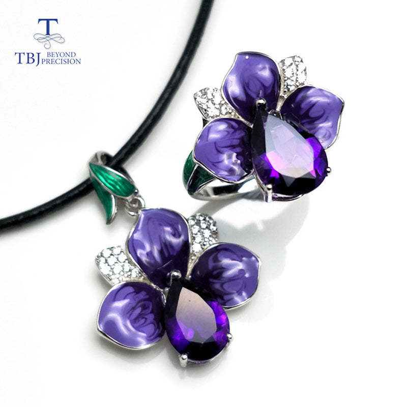 TBJ,2020 new enamel jewelry set with natural african amethyst in 925 sterling silver flower ring pendant for women lady as gift
