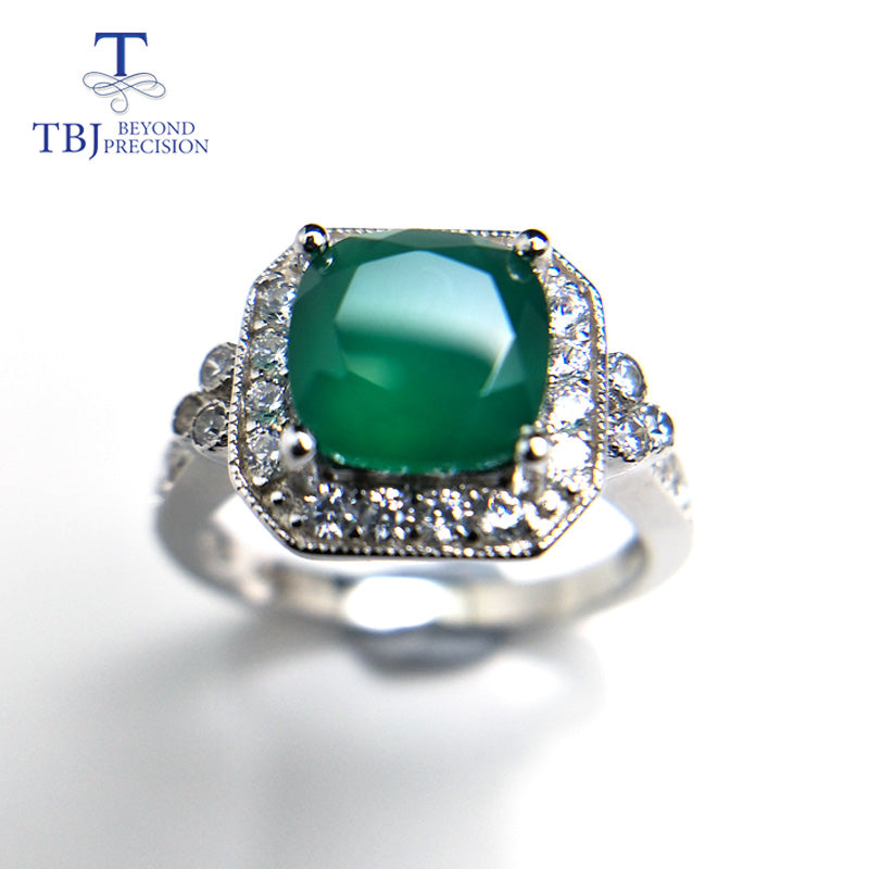 TBJ,2020 new natural green agate gemstone cushion 8mm Ring 925 sterling silver for women classic design with jewelry gift box