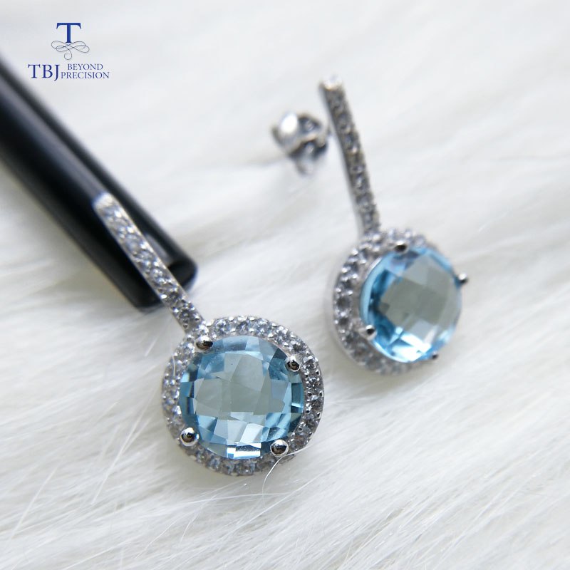 TBJ,4ct natural blue topaz checkerboard cut gemstone earring for girls boyfriend daughter gift 925 stelring silver fine jewelry