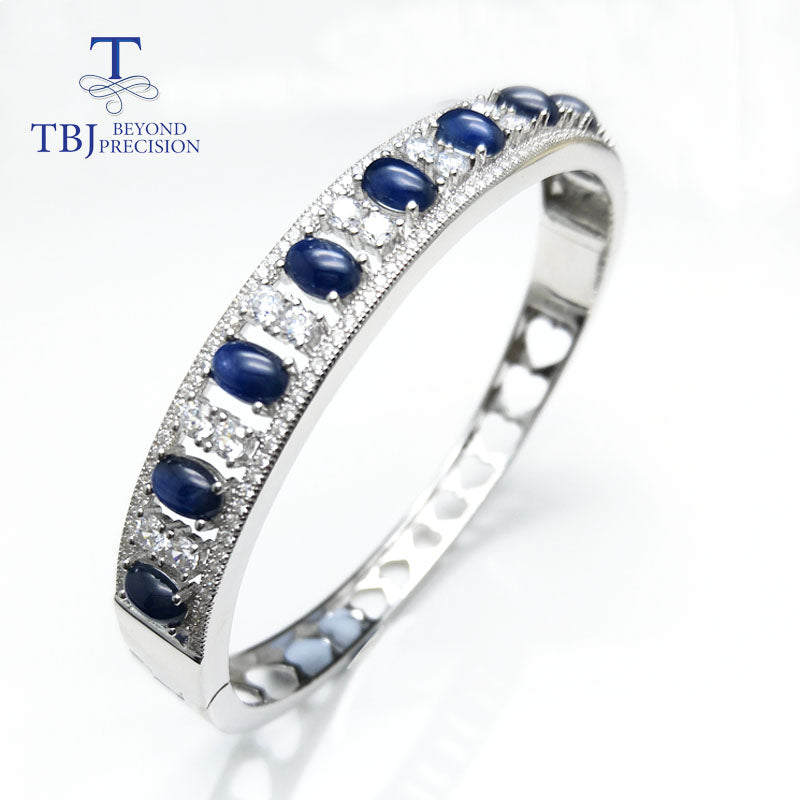 TBJ,5ct natural Blue sapphire gemstone clasp Bangle solid S925 silver for women wife anniversary wedding anniversary Party gift