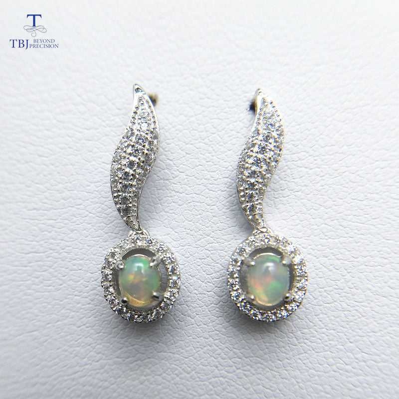 TBJ,925 Sterling Silver natural Gemstone elegant Earrings For Women 1Ct Oval Cabochon White ehtiopian Opal oval4*5mm Earrings