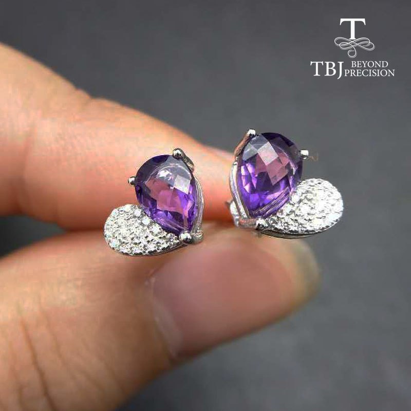 TBJ,925 silver earring with natural amethyst brio cut pe5*7 1.5ct,nautral garnet earring for women with gift box ,