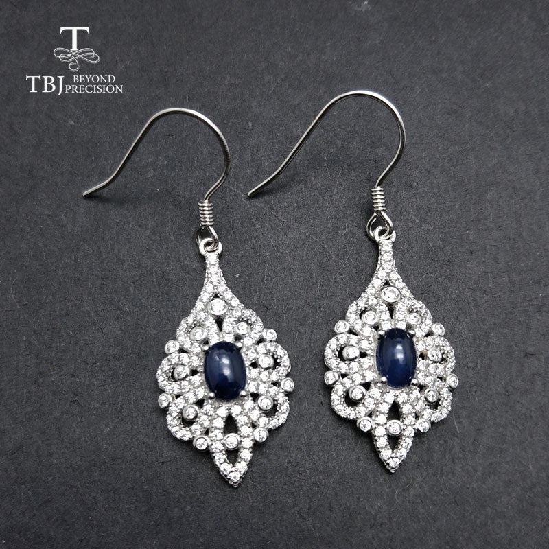 TBJ,Beautiful flower drop earring with natural blue sapphire gemstone in solid 925 silver gift for wife duaghter mommy