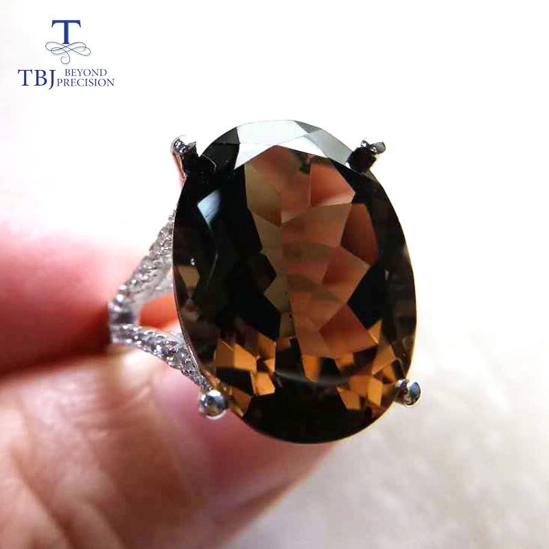 TBJ,Big 11ct smoky gemstone ring in white color 925 sterling silver gemstone jewelry for women with box , anniversary gift