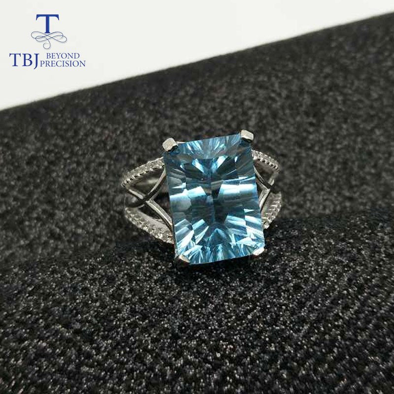 TBJ,Big Blue topaz gemstone Ring 8ct emerald concave shinning cut topaz ring in 925 sterling silver gemstone jewelry with box