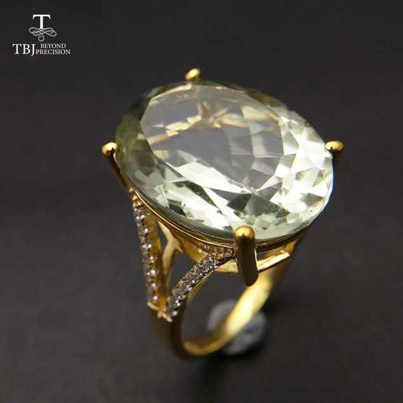 TBJ,Big natural 13ct green amethyst Ring in 925 yellow gold color sterling silver gemstone jewelry for girls with gift box