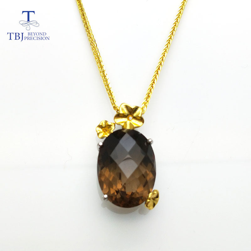 TBJ, Big size pendant with natural smoky quartz in 925 sterling silver white and yellow gold color elegant necklace for women