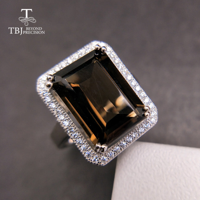 TBJ,Classic big size gemstone ring with Natural smoky oct10*14mm in 925 sterling silver gemstone jewelry gift for women