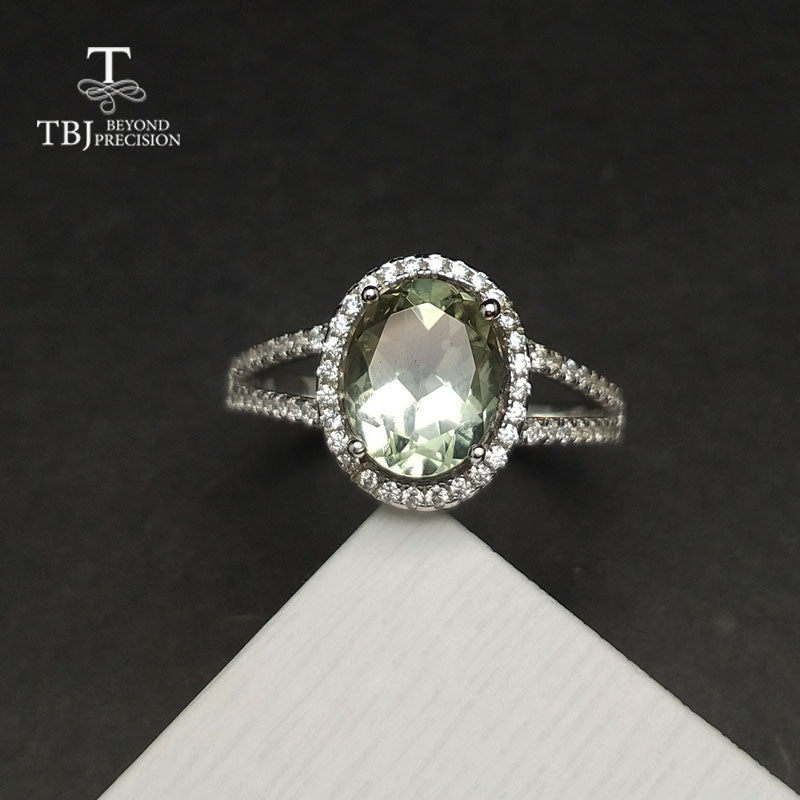TBJ,Classic natural green amethyst quarts gemstone Ring in 925 sterling silver simple shiny jewelry for women girls daily wear