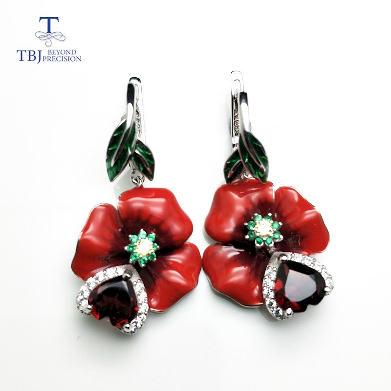 TBJ,Colorful Enamel ethnic earring with natural garnet in 925 sterling silver clasp design for ladies women as gift party wear