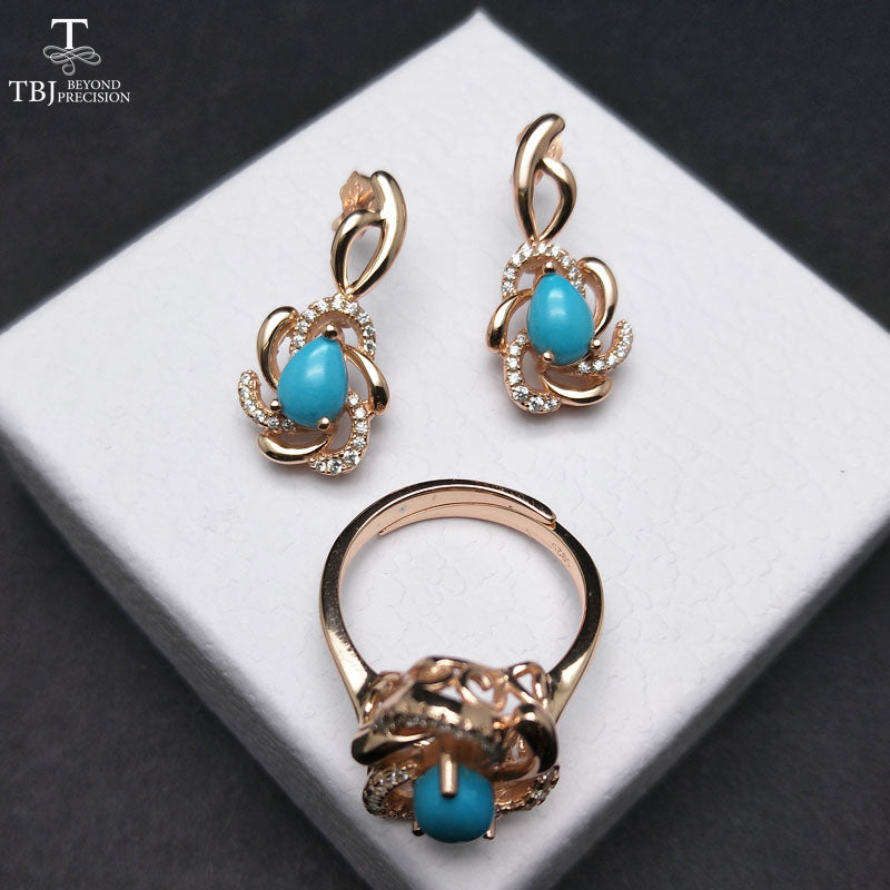 TBJ,Elegant jewelry set with natural sleep beauty turquoise jewelry set earring and ring in 925 sterling silver fine jewelry