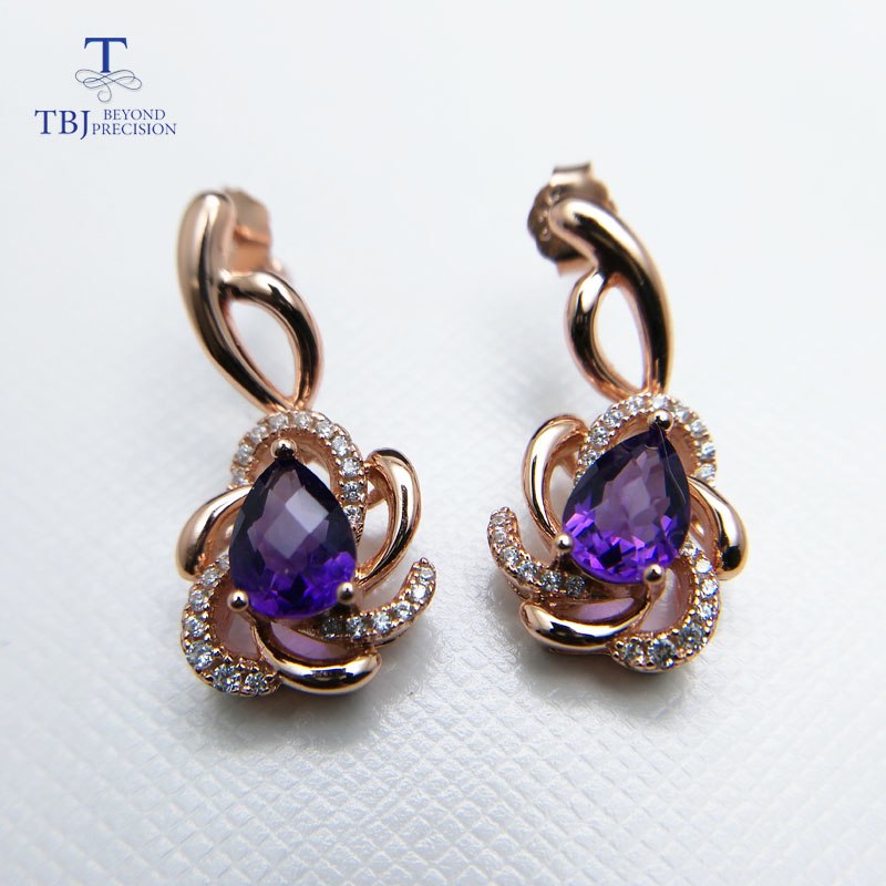 TBJ,Fabulous 925 sliver earring with natural african amethyst checkerboard cut gemstone earring for women romantic rose color