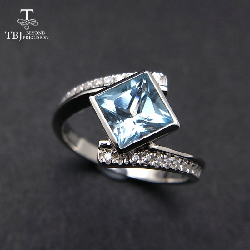 TBJ,High quality Natural Blue topaz square 6mm nice Gemstone Ring for girls in 925 sterling silver fine jewelry with gift box