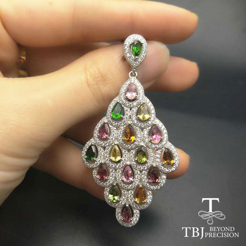 TBJ ,High quality luxury fancy color tourmaline pendant with chains in 925 sterling silver gemstone jewelry best gift for lady